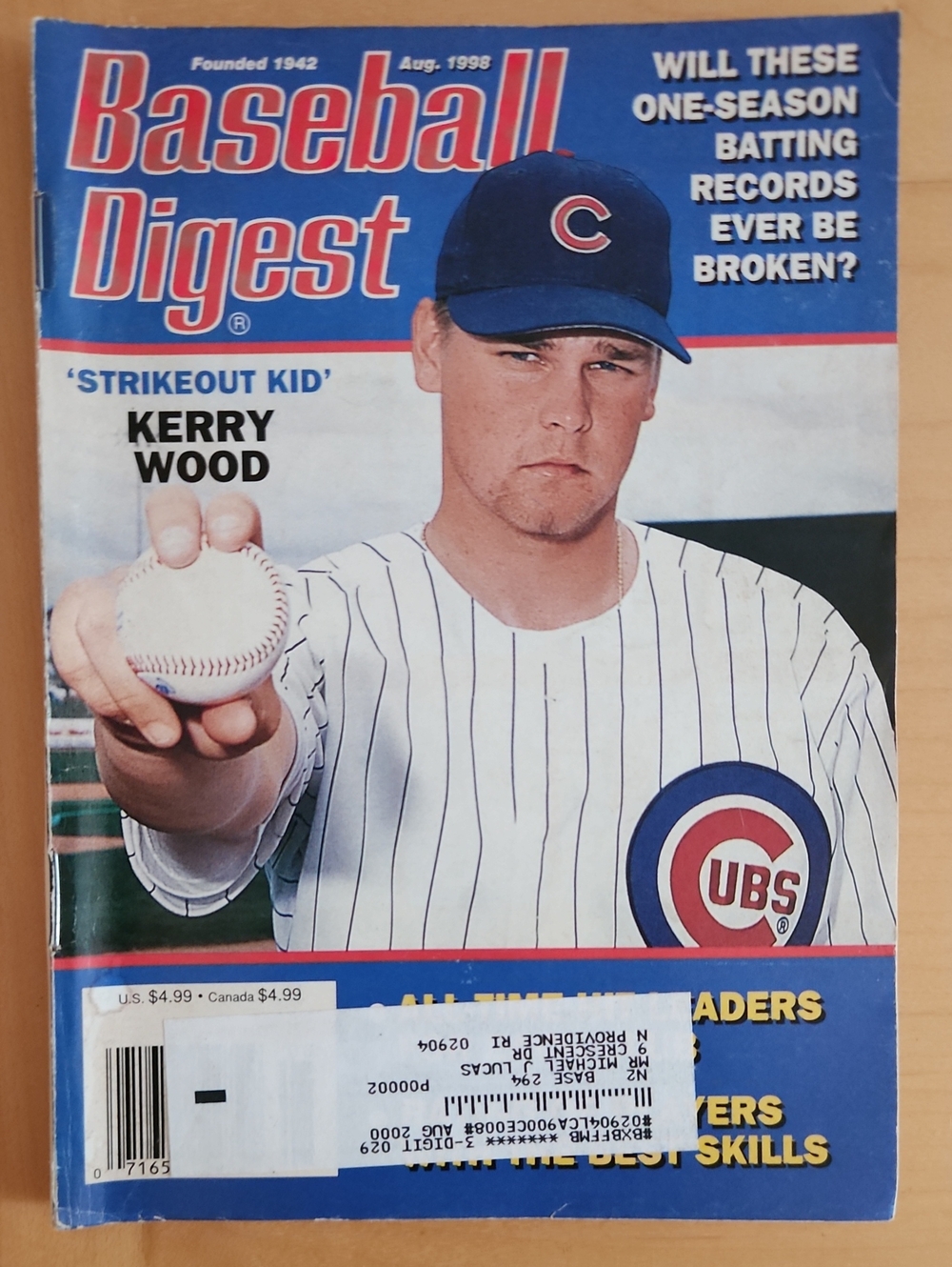 Baseball Digest Magazine - Kerry Wood Cubs Cover (Aug 1998) - Blue & White